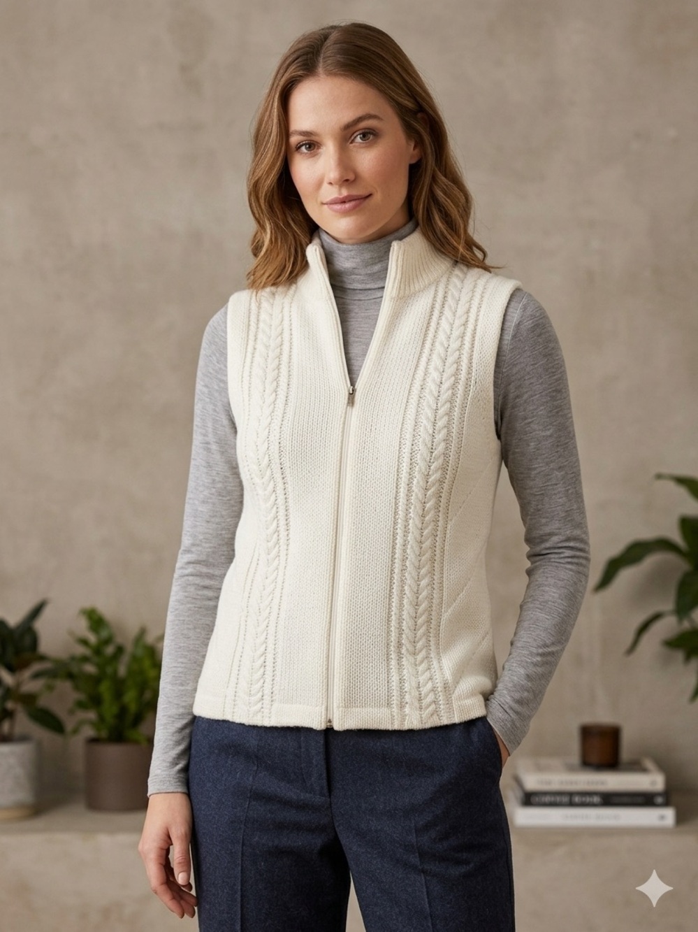 Jones Wear Sport Women's Cream Cable-Knit Zip Front Sweater Vest